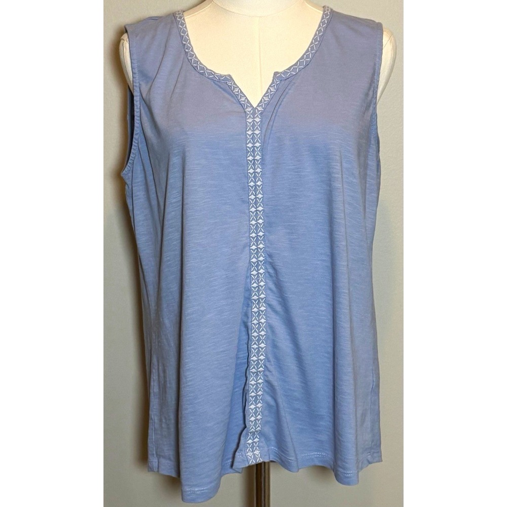 Kuhl Blue Embroidered Knit V-Neck Sleeveless Organic Cotton Tank Women L